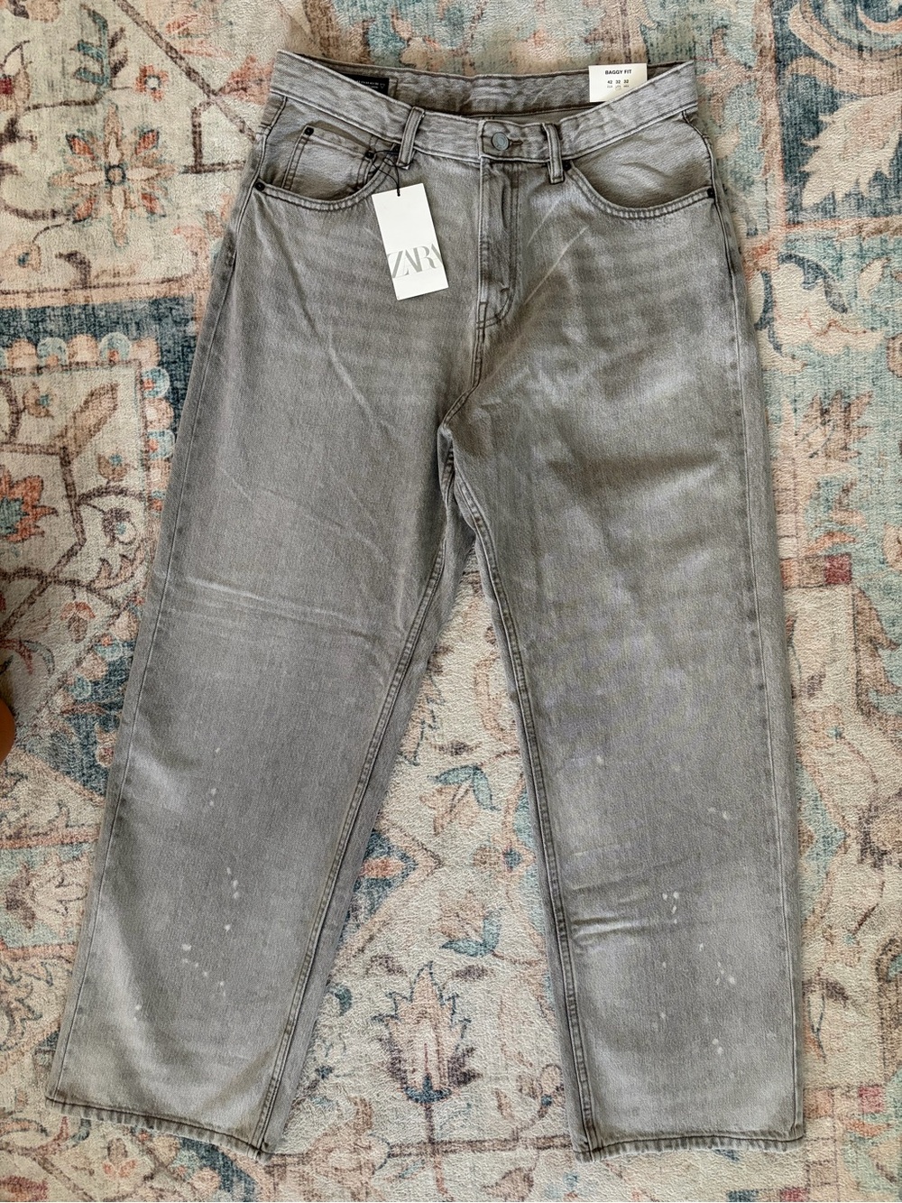 ZARA mens mid waist, baggy thigh, dropped crotch, straight leg, full length grey